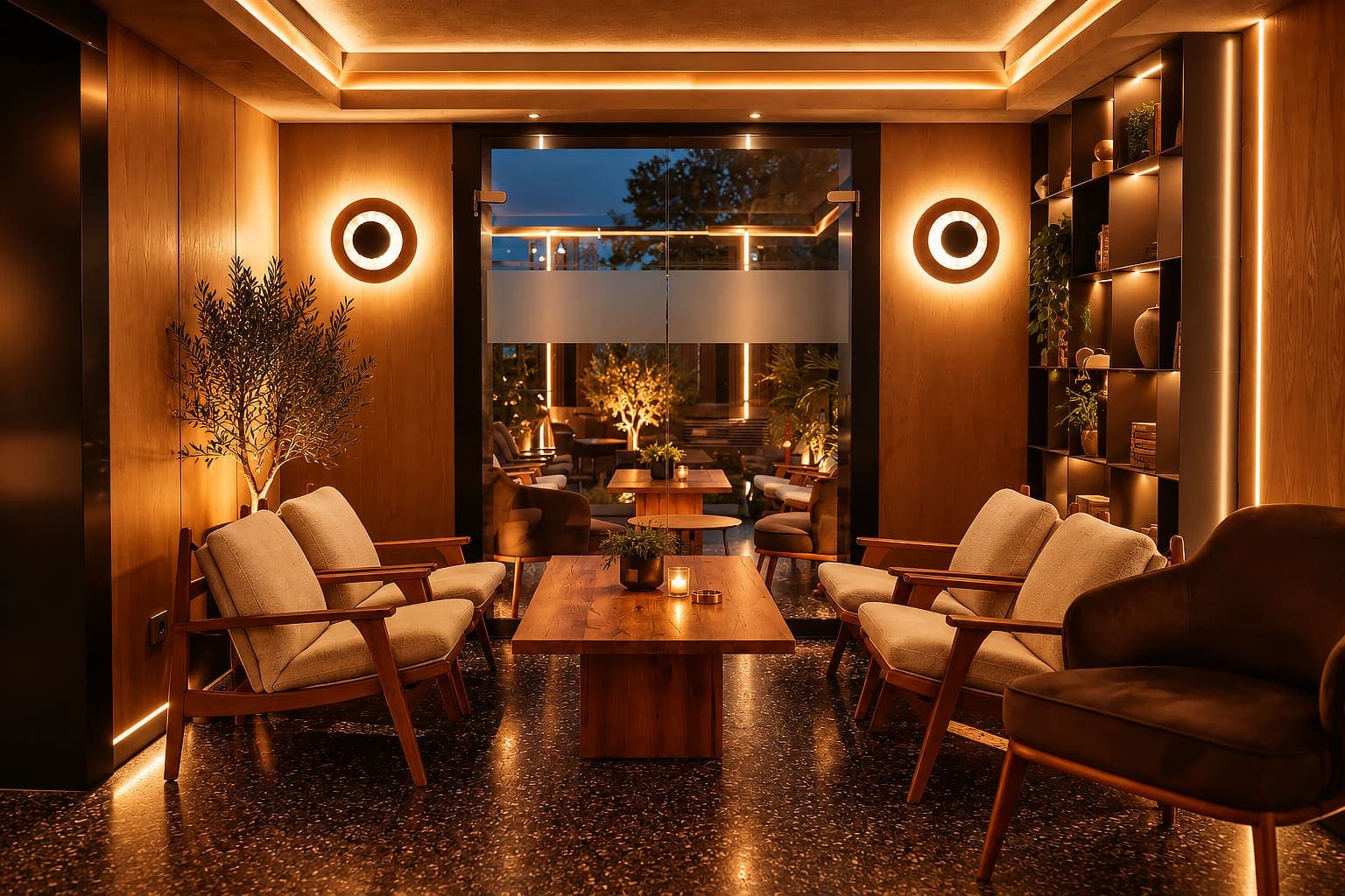 Zona de lounge LUMI, cu lumină caldă